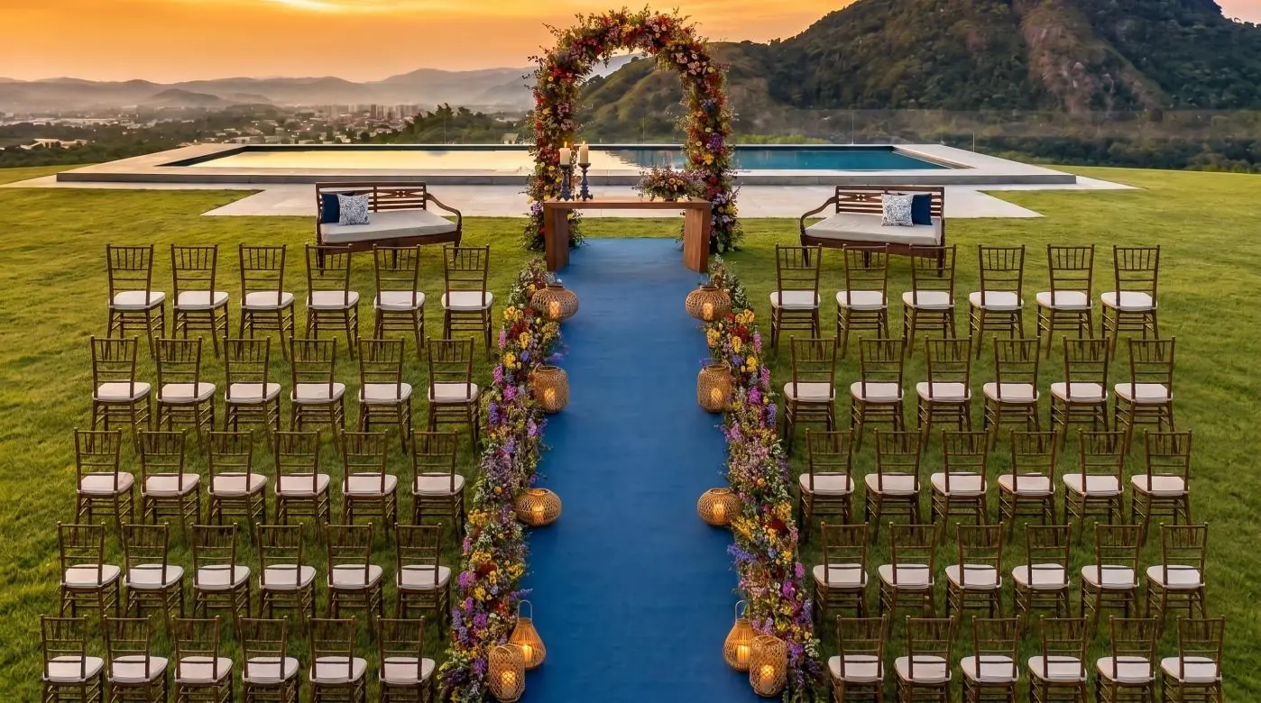 Simulação por IA da cerimônia com arco de flores e lanternas